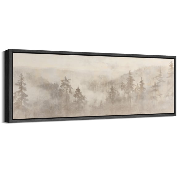 Large Framed Canvas Print Soft Foggy Pine Forest - Neutral Toned Minimalist NatureWall Art Decorative Ready to Hang Painting for Living room Bedroom 60x20 inches Black Frame