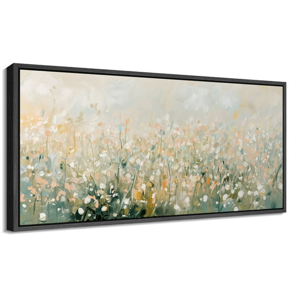 Large Framed Canvas Print Soft Neutrals Floral FieldWall Art Decorative Ready to Hang Painting for Living room Bedroom 60x30 inches Black Frame