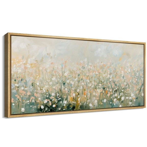 Large Framed Canvas Print Soft Neutrals Floral FieldWall Art Decorative Ready to Hang Painting for Living room Bedroom 60x30 inches Natural Frame
