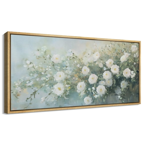Large Framed Canvas Print Soft White Roses Watercolor FloralWall Art Decorative Ready to Hang Painting for Living room Bedroom 60x30 inches Natural Frame