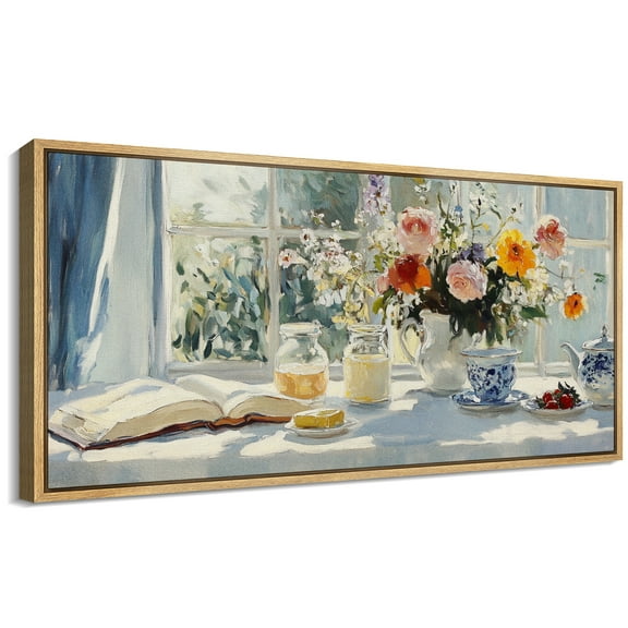 Large Framed Canvas Print Sunlit Breakfast Table with Flowers - Cozy Still LifeWall Art Decorative Ready to Hang Painting for Living room Bedroom 60x30 inches Natural Frame