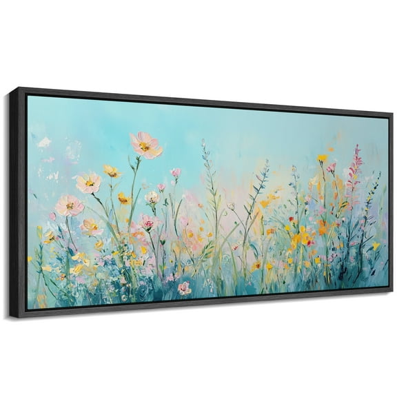 Large Framed Canvas Print Tall Blooming WildflowersWall Art Decorative Ready to Hang Painting for Living room Bedroom 60x30 inches Black Frame