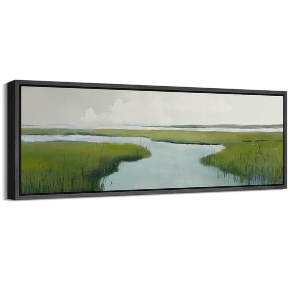 Large Framed Canvas Print Tranquil Nature Scene in Soft GreensWall Art Decorative Ready to Hang Painting for Living room Bedroom 60x20 inches Black Frame