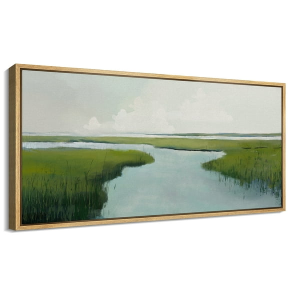 Large Framed Canvas Print Tranquil Nature Scene in Soft GreensWall Art Decorative Ready to Hang Painting for Living room Bedroom 60x30 inches Natural Frame