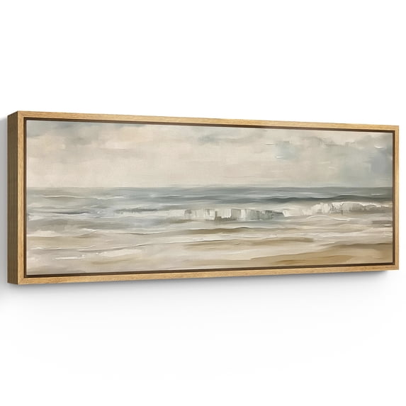 Large Framed Canvas Print Tranquil Ocean Waves with Soft Blue and Beige Tones Wall Art Decorative Ready to Hang Painting for Living room Bedroom - 60"x20" Natural Frame