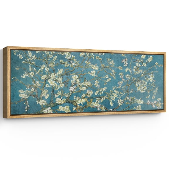 Large Framed Canvas Print Van Gogh Almond Blossoms on Blue - Vintage FloralWall Art Decorative Ready to Hang Painting for Living room Bedroom 60x20 inches Natural Frame