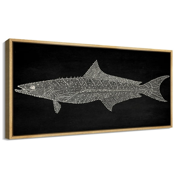Large Framed Canvas Print Vintage Black and White Fish Illustration on Dark BackgroundWall Art Decorative Ready to Hang Painting for Living room Bedroom 60x30 inches Natural Frame