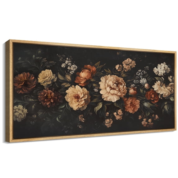 Large Framed Canvas Print Vintage Colorful Beautiful Flowers Wall Art Decorative Ready to Hang Painting for Living room Bedroom - 60"x30" Natural Frame
