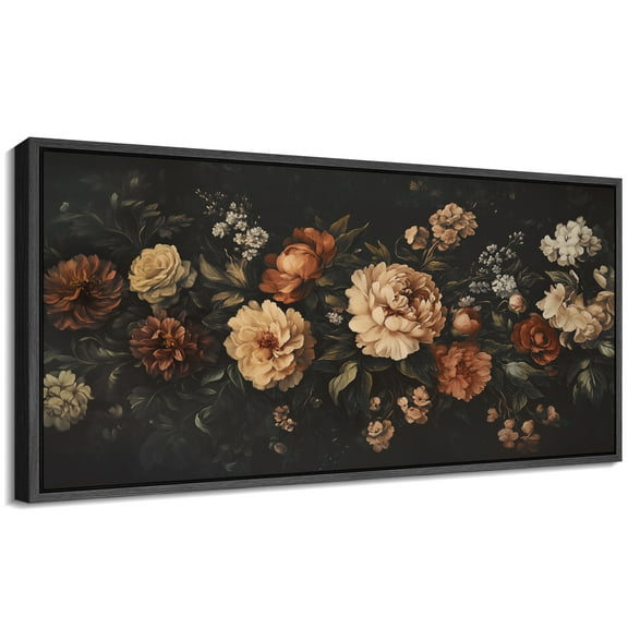 Large Framed Canvas Print Vintage Colorful Beautiful Flowers Wall Art Decorative Ready to Hang Painting for Living room Bedroom - 60"x30" Black Frame