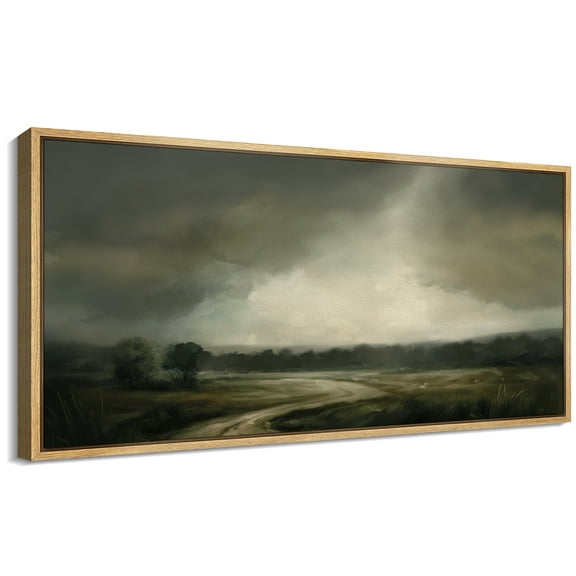 Large Framed Canvas Print Vintage Countryside under Dark Clouds Wall Art Decorative Ready to Hang Painting for Living room Bedroom - 60"x30" Natural Frame