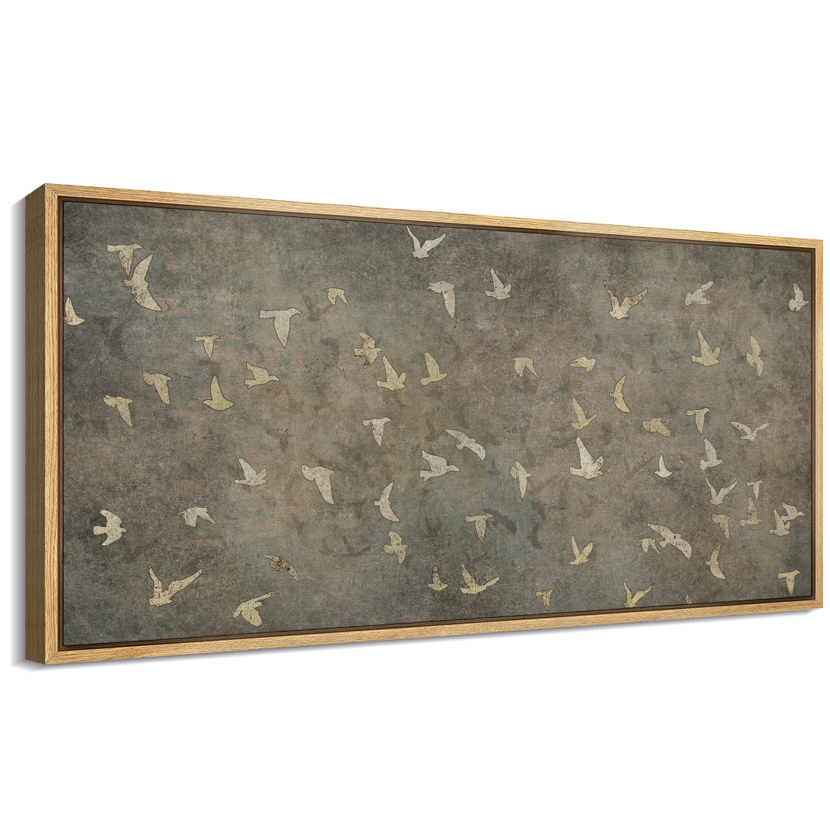 Large Framed Canvas Print Vintage-Inspired Golden Birds on Aged CanvasWall Art Decorative Ready to Hang Painting for Living room Bedroom 60x30 inches Natural Frame