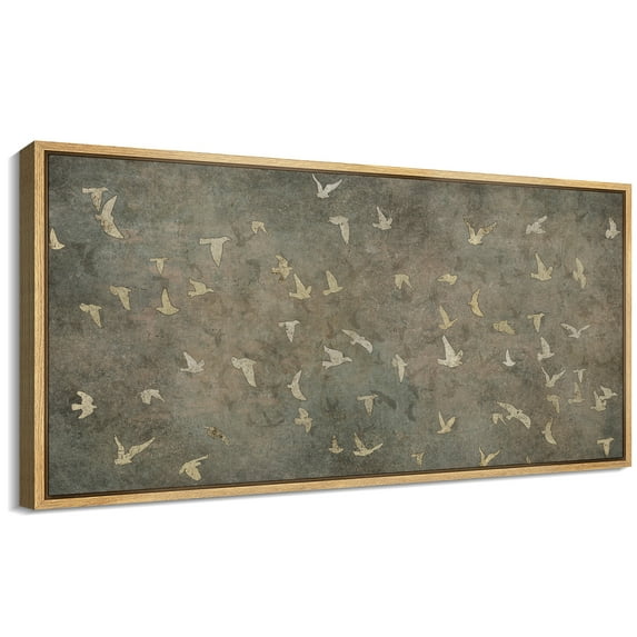 Large Framed Canvas Print Vintage-Inspired Golden Birds on Aged CanvasWall Art Decorative Ready to Hang Painting for Living room Bedroom 60x30 inches Natural Frame