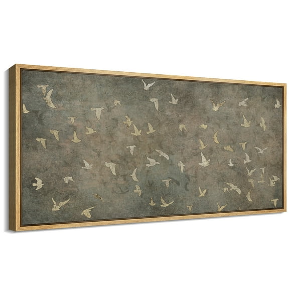 Large Framed Canvas Print Vintage-Inspired Golden Birds on Aged CanvasWall Art Decorative Ready to Hang Painting for Living room Bedroom 60x30 inches Natural Frame