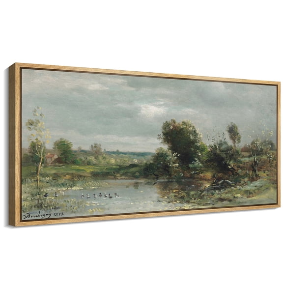 Large Framed Canvas Print Vintage Little Pond Wall Art Decorative Ready to Hang Painting for Living room Bedroom - 60"x30" Natural Frame