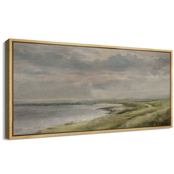 Large Framed Canvas Print Vintage Seaside Landscape with Moody Sky and Calm WatersWall Art Decorative Ready to Hang Painting for Living room Bedroom 60x30 inches Natural Frame