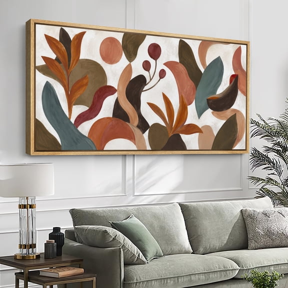 Large Framed Canvas Print Wall Art Abstract Leaf Shapes Artwork Modern Earth Tone Wall Pictures Decor for Living Room - 60"x30" Natural Frame