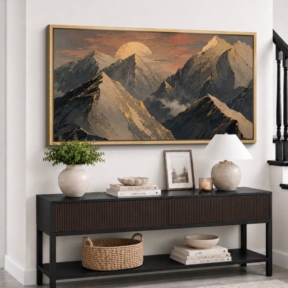 Large Framed Canvas Print Wall Art Alpine Mountain Sunset Artwork Dramatic Nature Wall Pictures Decor for Living Room - 60"x30" Natural Frame