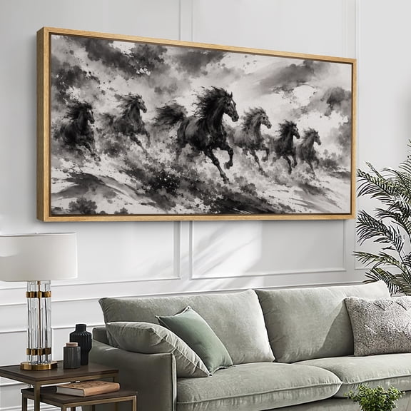 Large Framed Canvas Print Wall Art Black and White Running Horses Artwork Traditional Animal Landscape Wall Pictures Decor for Living Room - 60"x30" Natural Frame