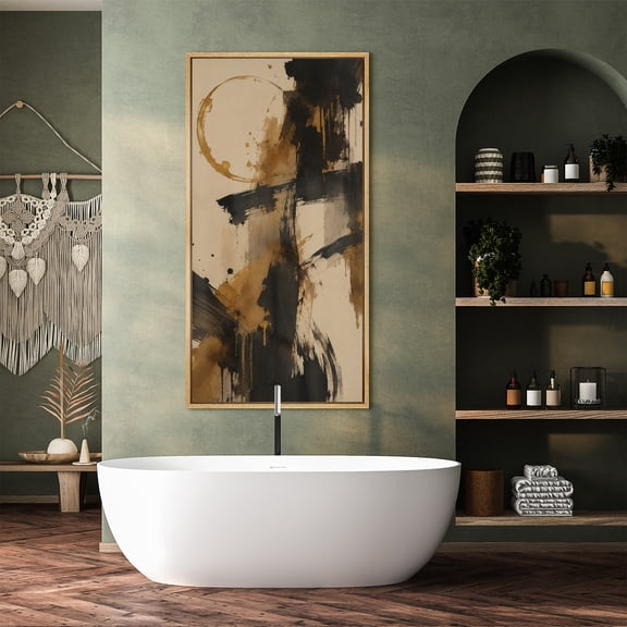Large Framed Canvas Print Wall Art Black and Gold Abstract Artwork Modern Expressive Wall Pictures Decor for Living Room - 60"x30" Natural Frame