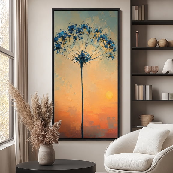Large Framed Canvas Print Wall Art Blue Floral Sunset Artwork Modern Botanical Wall Pictures Decor for Living Room - 60"x30" Black Frame