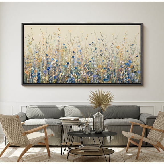 Large Framed Canvas Print Wall Art Blue Wildflower Meadow Artwork Romantic Botanical Garden Wall Pictures Decor for Living Room - 60"x30" Black Frame