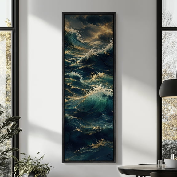 Large Framed Canvas Print Wall Art Dramatic Ocean Waves Artwork Moody Coastal Wall Pictures Decor for Living Room - 60"x20" Black Frame