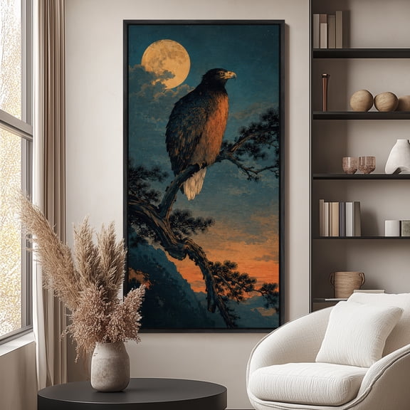 Large Framed Canvas Print Wall Art Eagle Under Moonlight Artwork Majestic Bird Wall Pictures Decor for Living Room - 60"x30" Black Frame