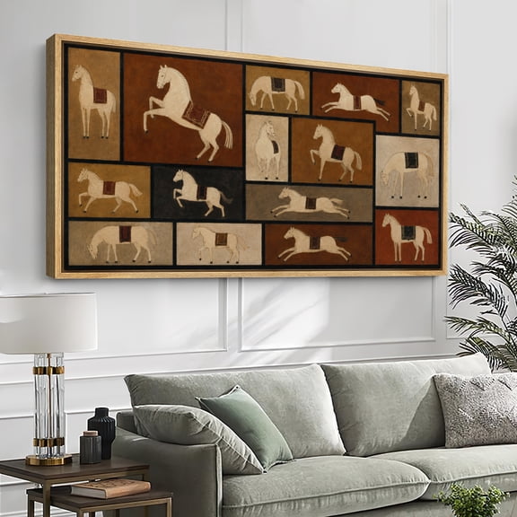 Large Framed Canvas Print Wall Art Folk Horse Panel Artwork Rustic Equine Wall Pictures Decor for Living Room - 60"x30" Natural Frame