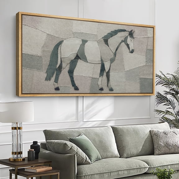 Large Framed Canvas Print Wall Art Geometric Horse Artwork Modern Neutral Animal Wall Pictures Decor for Living Room - 60"x30" Natural Frame