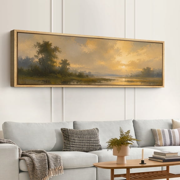Large Framed Canvas Print Wall Art Golden Marsh Sunset Artwork Peaceful Waterscape Wall Pictures Decor for Living Room - 60"x20" Natural Frame
