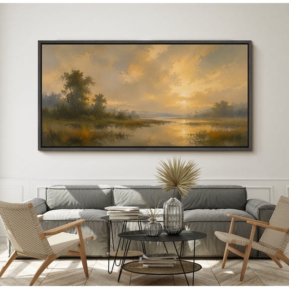 Large Framed Canvas Print Wall Art Golden Marsh Sunset Artwork Peaceful Waterscape Wall Pictures Decor for Living Room - 60"x30" Black Frame