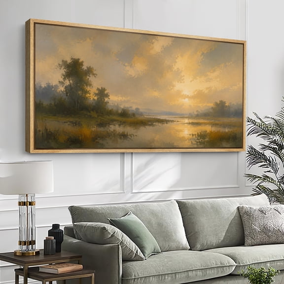 Large Framed Canvas Print Wall Art Golden Marsh Sunset Artwork Peaceful Waterscape Wall Pictures Decor for Living Room - 60"x30" Natural Frame