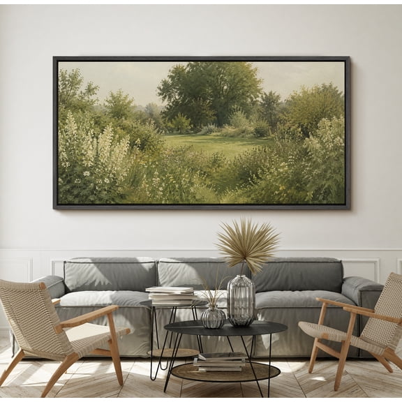 Large Framed Canvas Print Wall Art Green Meadow Landscape Artwork Serene Garden Nature Wall Pictures Decor for Living Room - 60"x30" Black Frame