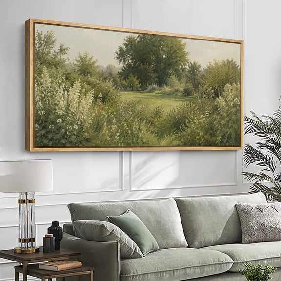 Large Framed Canvas Print Wall Art Green Meadow Landscape Artwork Serene Garden Nature Wall Pictures Decor for Living Room - 60"x30" Natural Frame