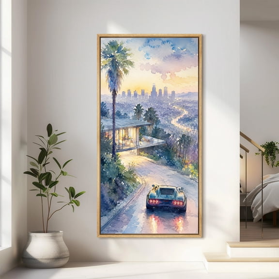 Large Framed Canvas Print Wall Art Hillside City View Artwork Scenic Urban Landscape Wall Pictures Decor for Living Room - 60"x30" Natural Frame