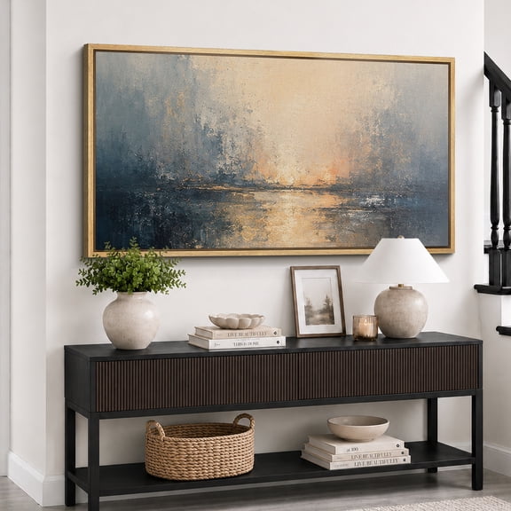 Large Framed Canvas Print Wall Art Luminous Water Abstract Artwork Modern Reflective Wall Pictures Decor for Living Room - 60"x30" Natural Frame