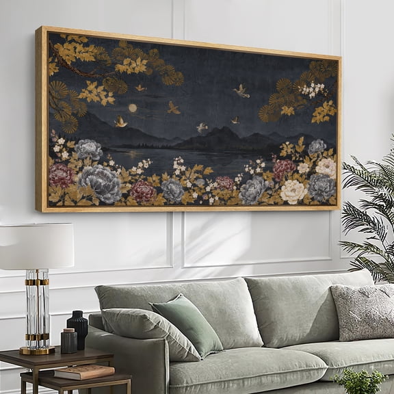 Large Framed Canvas Print Wall Art Midnight Floral Garden Artwork Dark Elegant Botanical Wall Pictures Decor for Living Room - 60"x30" Natural Frame