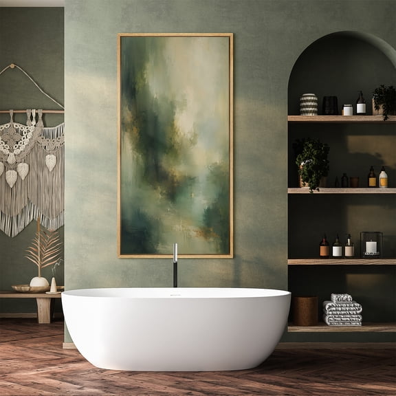 Large Framed Canvas Print Wall Art Misty Green Abstract Artwork Atmospheric Nature Inspired Wall Pictures Decor for Living Room - 60"x30" Natural Frame
