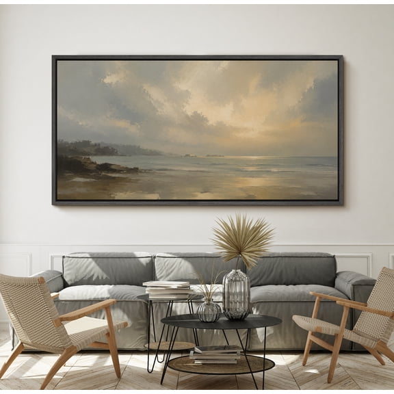 Large Framed Canvas Print Wall Art Misty Ocean Horizon Artwork Soft Coastal Seascape Wall Pictures Decor for Living Room - 60"x30" Black Frame