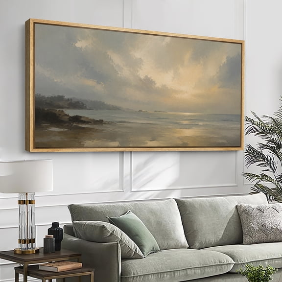 Large Framed Canvas Print Wall Art Misty Ocean Horizon Artwork Soft Coastal Seascape Wall Pictures Decor for Living Room - 60"x30" Natural Frame
