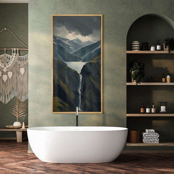 Large Framed Canvas Print Wall Art Mountain Waterfall Landscape Artwork Dramatic Wilderness Wall Pictures Decor for Living Room - 60"x30" Natural Frame