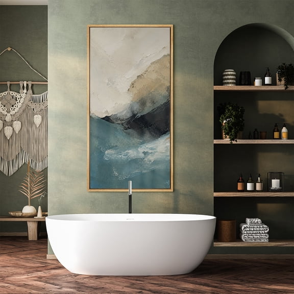 Large Framed Canvas Print Wall Art Ocean Wave Abstract Artwork Coastal Modern Wall Pictures Decor for Living Room - 60"x30" Natural Frame