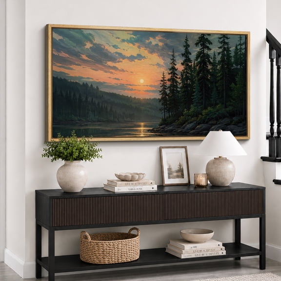 Large Framed Canvas Print Wall Art Sunset Forest Lake Artwork Peaceful Wilderness Wall Pictures Decor for Living Room - 60"x30" Natural Frame