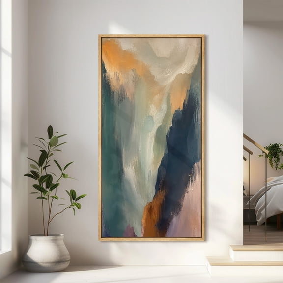 Large Framed Canvas Print Wall Art Teal and Gold Abstract Artwork Expressive Modern Wall Pictures Decor for Living Room - 60"x30" Natural Frame