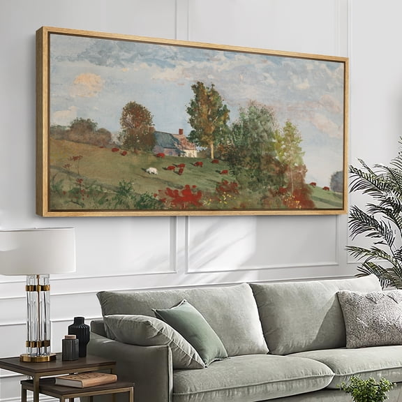 Large Framed Canvas Print Wall Art Vintage Countryside Farm Landscape Artwork Rustic Nature Scene Wall Pictures Decor for Living Room - 60"x30" Natural Frame