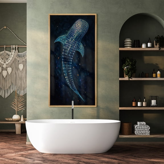 Large Framed Canvas Print Wall Art Whale Shark Sea Life Artwork Deep Ocean Animal Wall Pictures Decor for Living Room - 60"x30" Natural Frame