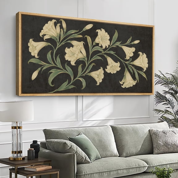 Large Framed Canvas Print Wall Art White Lily Floral Artwork Elegant Botanical Wall Pictures Decor for Living Room - 60"x30" Natural Frame