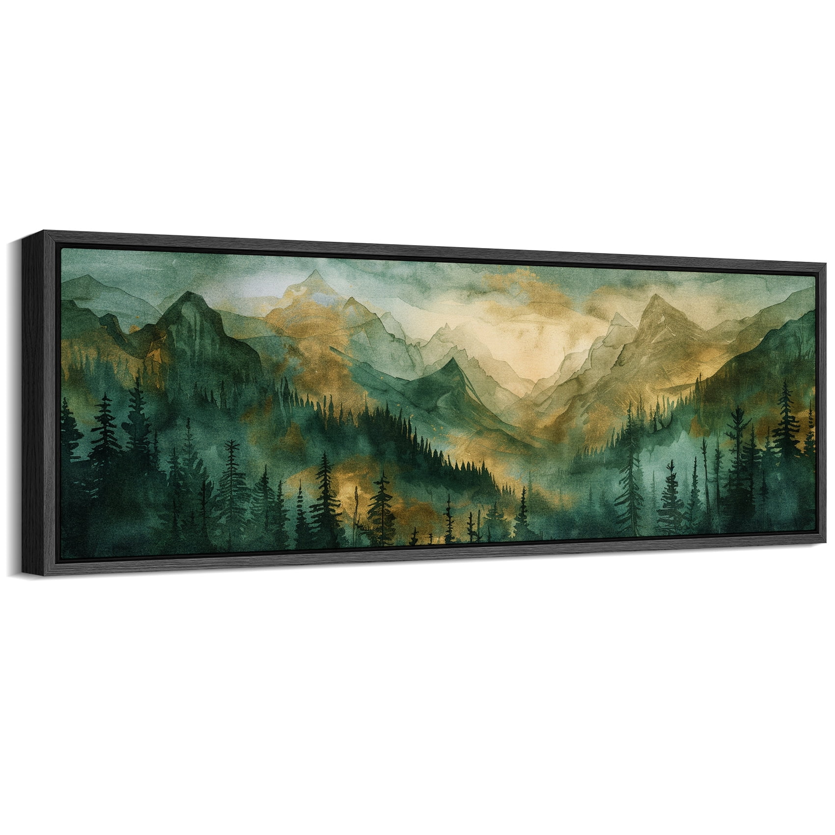 60x20 Large Framed Canvas Print Watercolor Misty Mountains - Green Forest ...