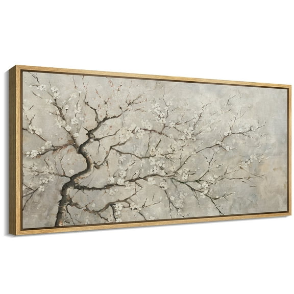 Large Framed Canvas Print White Blossom Tree on Neutral Background - Modern BotanicalWall Art Decorative Ready to Hang Painting for Living room Bedroom 60x30 inches Natural Frame