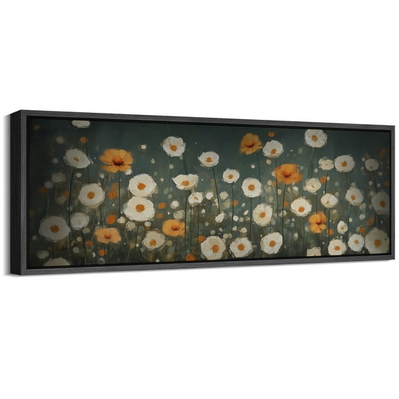 Large Framed Canvas Print White and Orange Wildflowers in a Soft Green Landscape Wall Art Decorative Ready to Hang Painting for Living room Bedroom - 60"x20" Black Frame